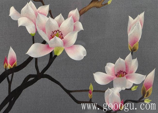 玉蘭花特寫(xiě)、一絲的絲線精繡而成、光澤度好,仿佛能聞到花香!