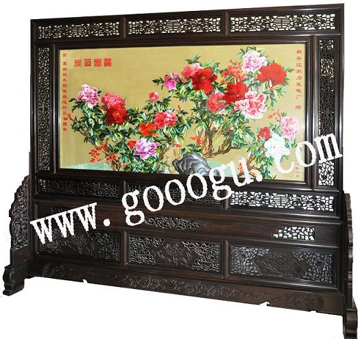葛洲壩水利工程大廳屏風(fēng)：蘇繡屏風(fēng)，嬌古蘇繡，榮華富貴屏風(fēng)